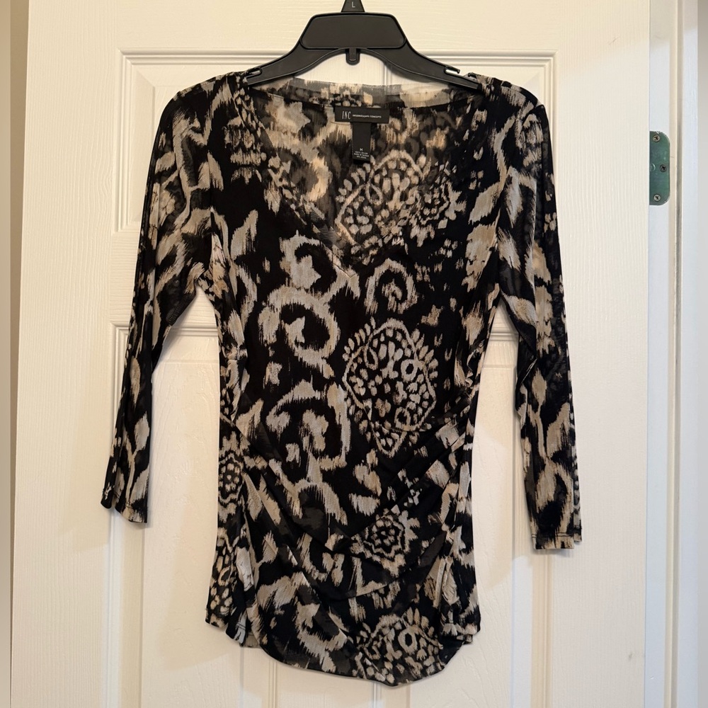 INC International Concepts Black and Cream Patterned Blouse